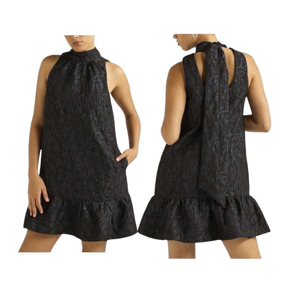 Scoop Mini Dress Women Large Black Blue Metallic Floral‎ Jacquard Mock Neck Tie
